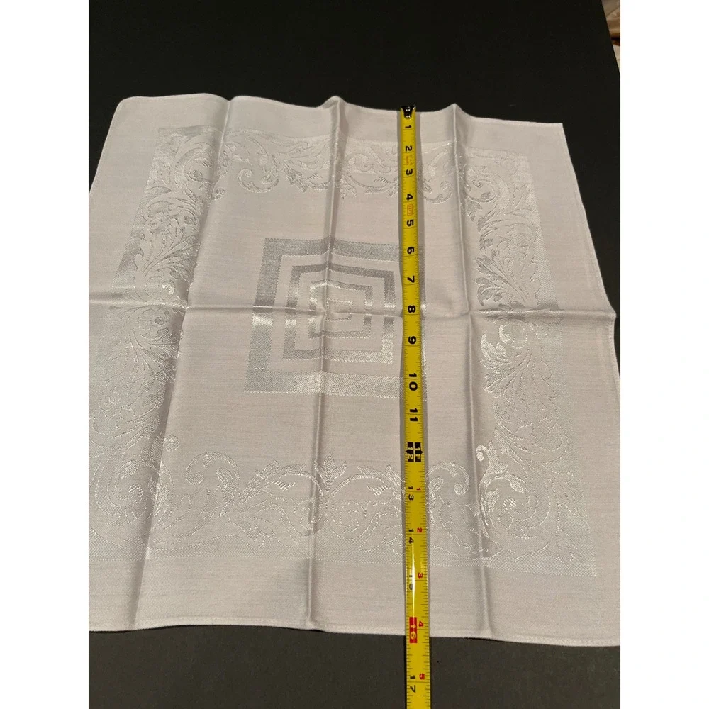 Set of 6 lt. gray Damask Cloth Napkins Scroll Border Greek Key Center 16.5x16.5